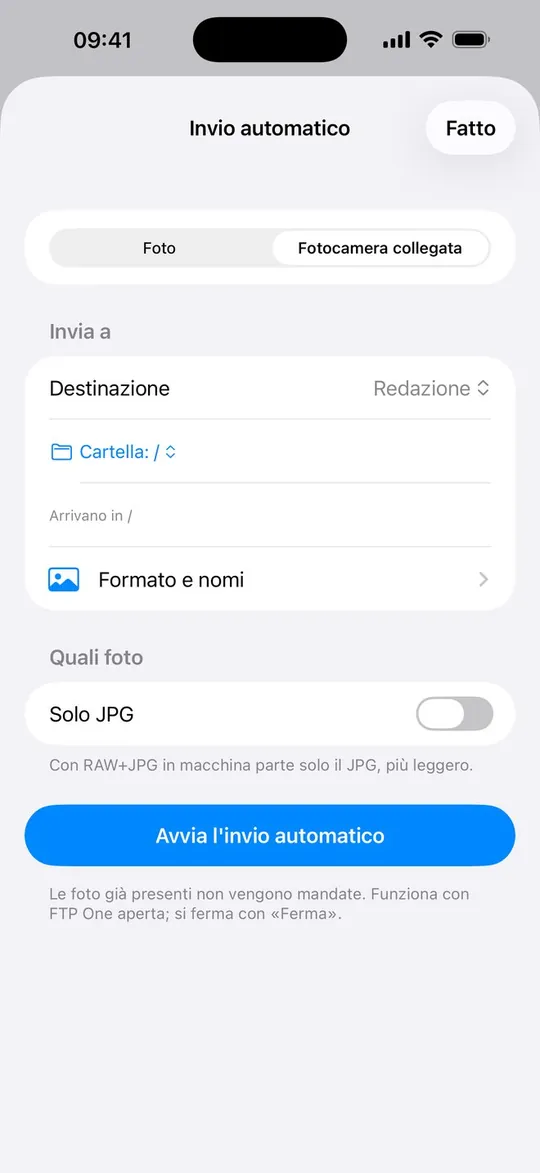 FTP One su iPhone: invio automatico dalla fotocamera collegata