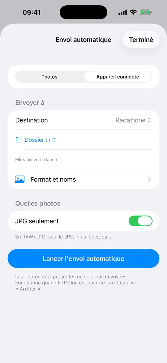 Écran de l'app FTP One