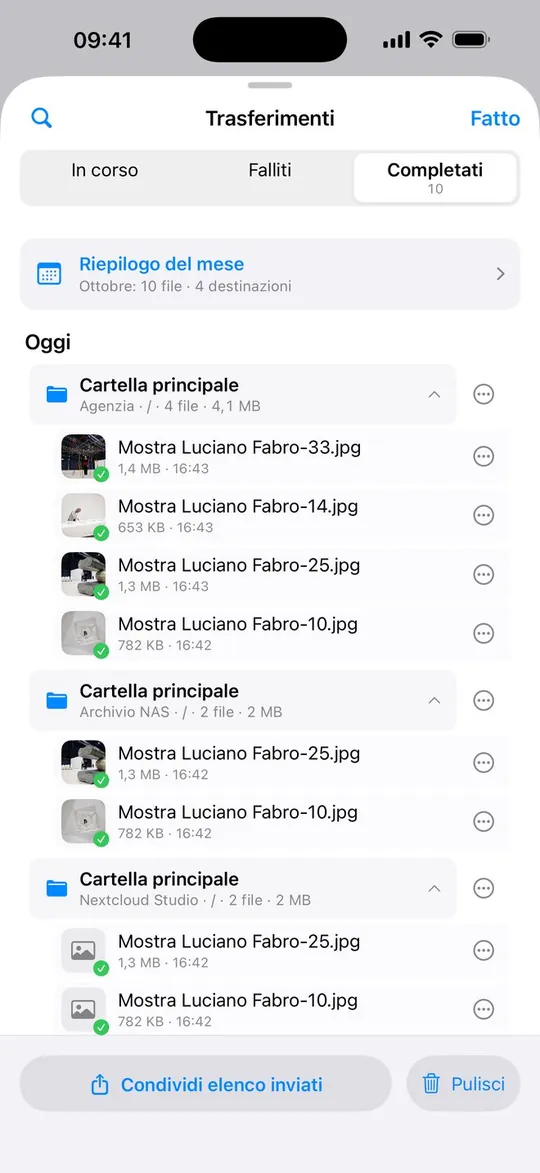 FTP One su iPhone: trasferimenti completati, divisi per destinazione