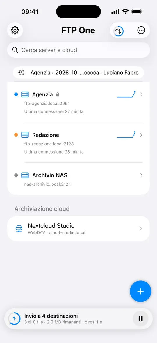 FTP One su iPhone: server FTP e cloud, con un invio a 4 destinazioni in corso