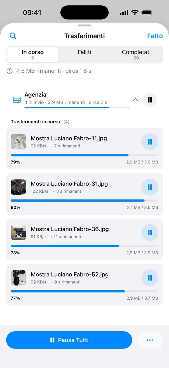 FTP One su iPhone: ogni file con la sua barra di avanzamento