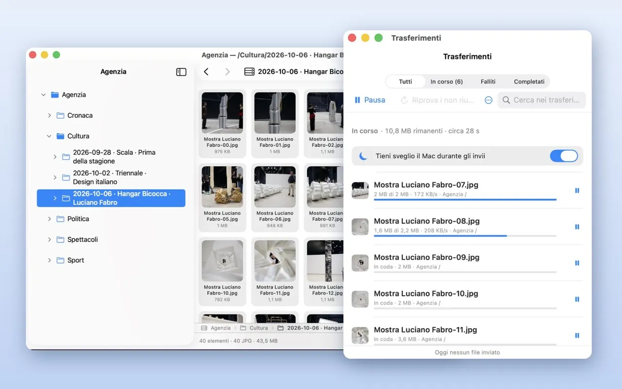 FTP One su Mac: finestra dei trasferimenti